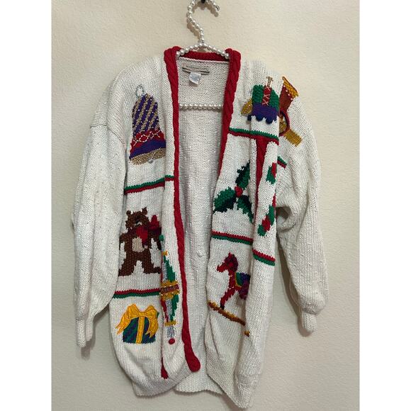 Vintage Christmas 1980's White Christmas Sweater Knitted Cardigan Toys Hong Kong - Picture 1 of 7